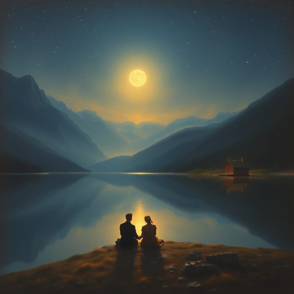 Peaceful Twilight Lake Scene with Figures in Ethereal Style