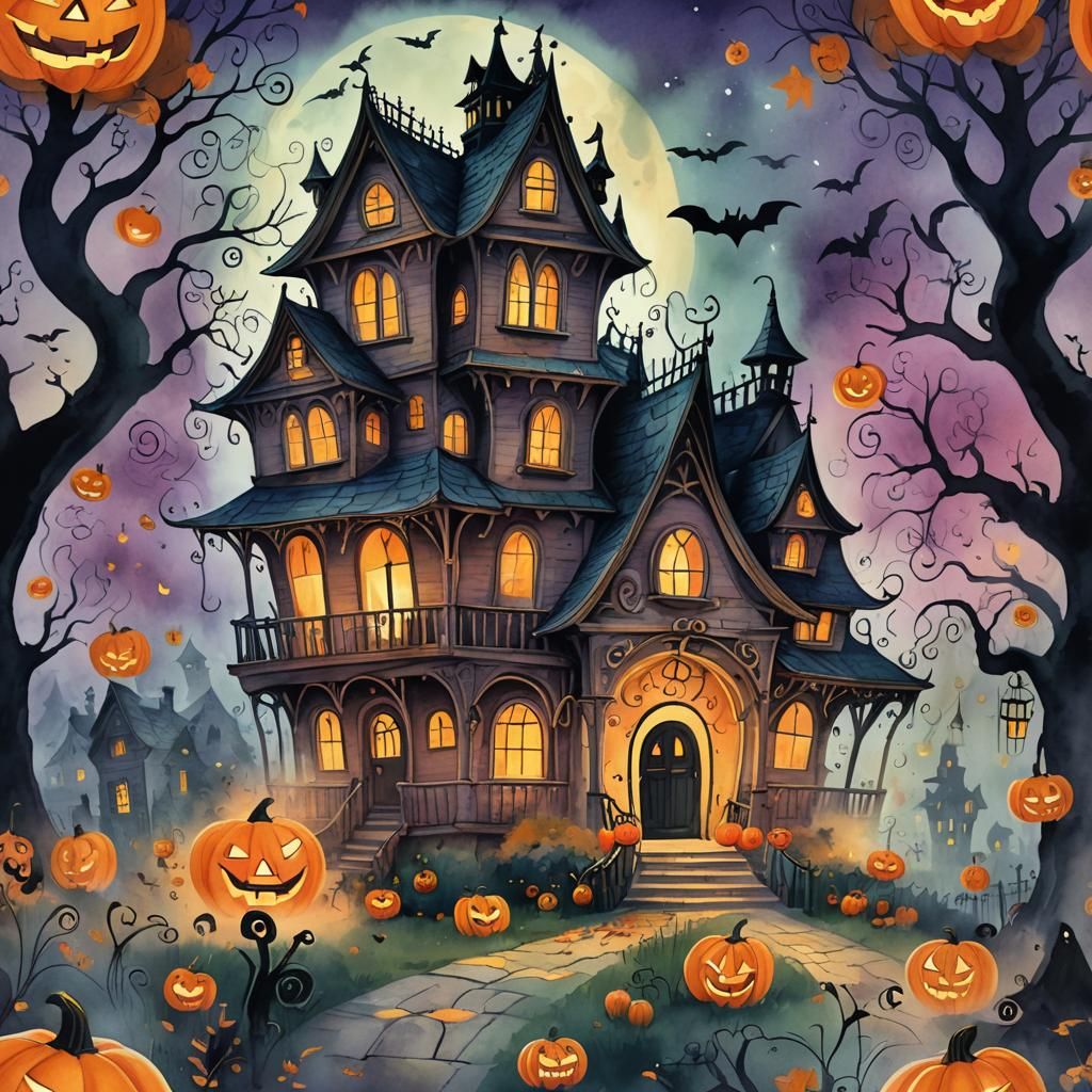 Whimsical Haunted House Illustration in Watercolor