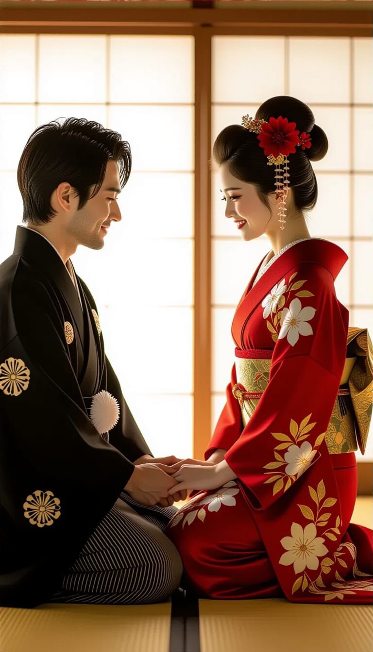 Japanese Couple in Love with Red Flower