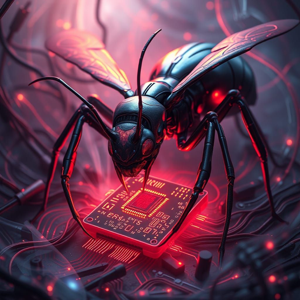 Draconic Robot Ant Devouring Glowing PCB Chip