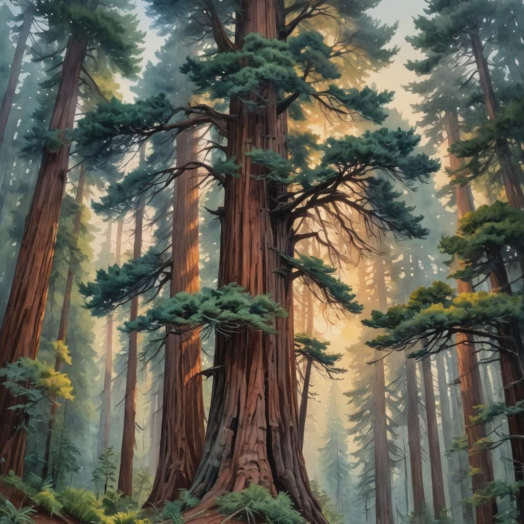 A watercolor painting of a redwood tree at dawn in Gouache S...