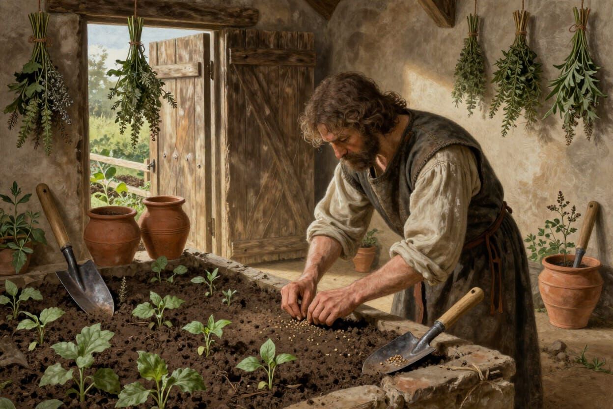 Medieval Herbalist Sows Seeds in Gothic Garden Illustration