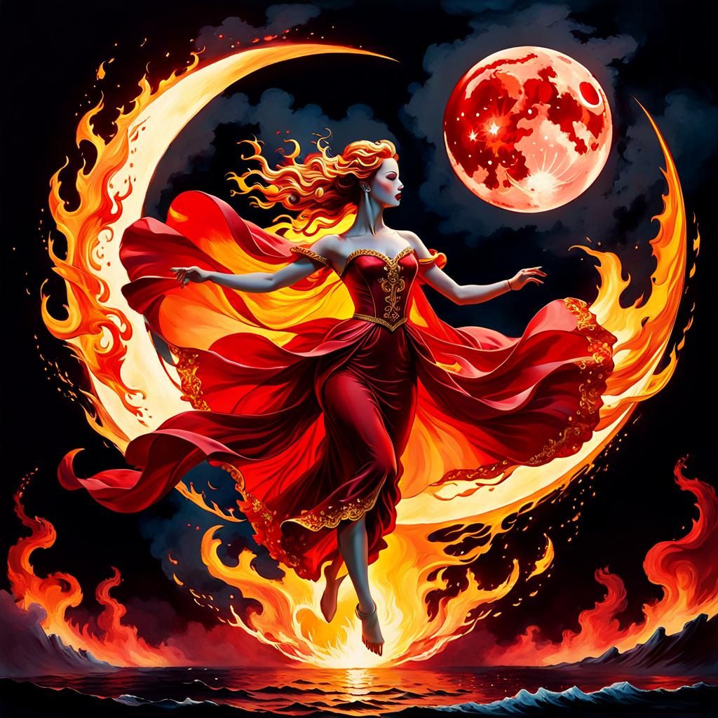Flaming Fire Woman Enters Giant Red Moon