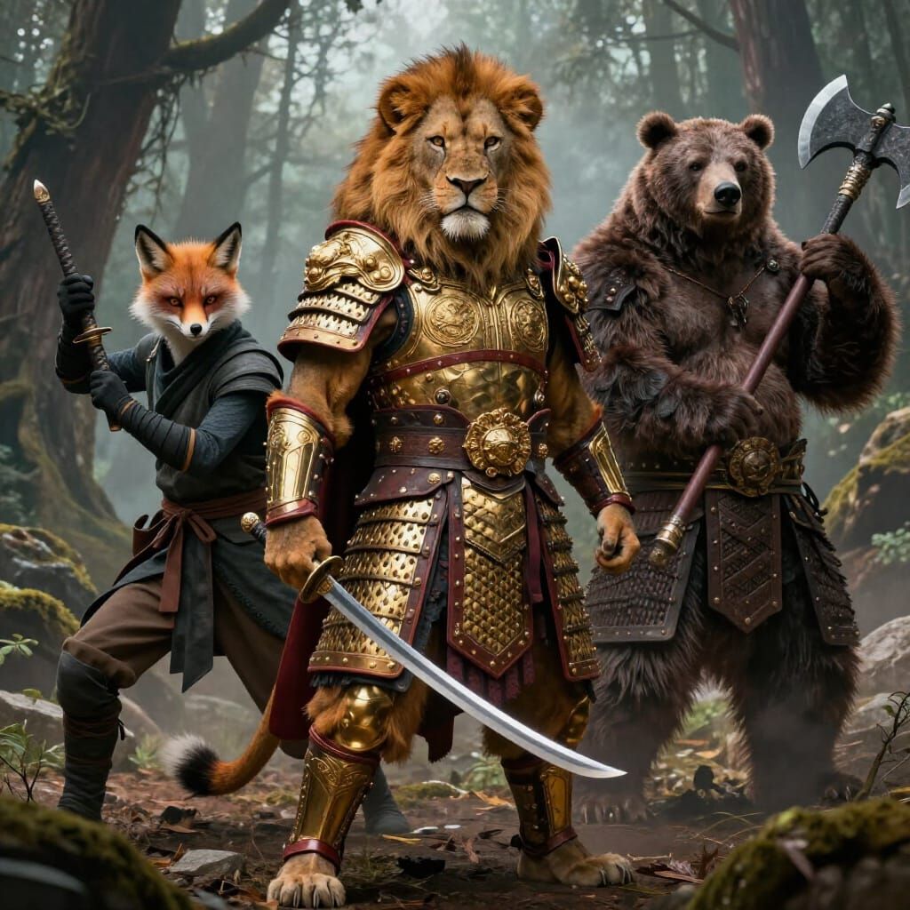 Epic Fantasy Animal Warriors in Ancient Forest