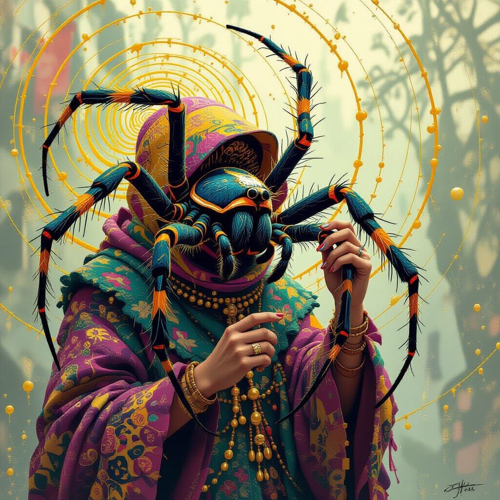 Detailed Spiders Weave Golden Webs in Flowing Spiral Pattern...