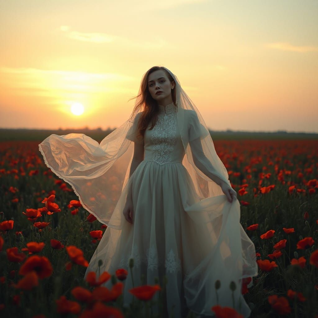 Ethereal Victorian Ghost Amidst Poppies in Soft Pre-Raphaeli...