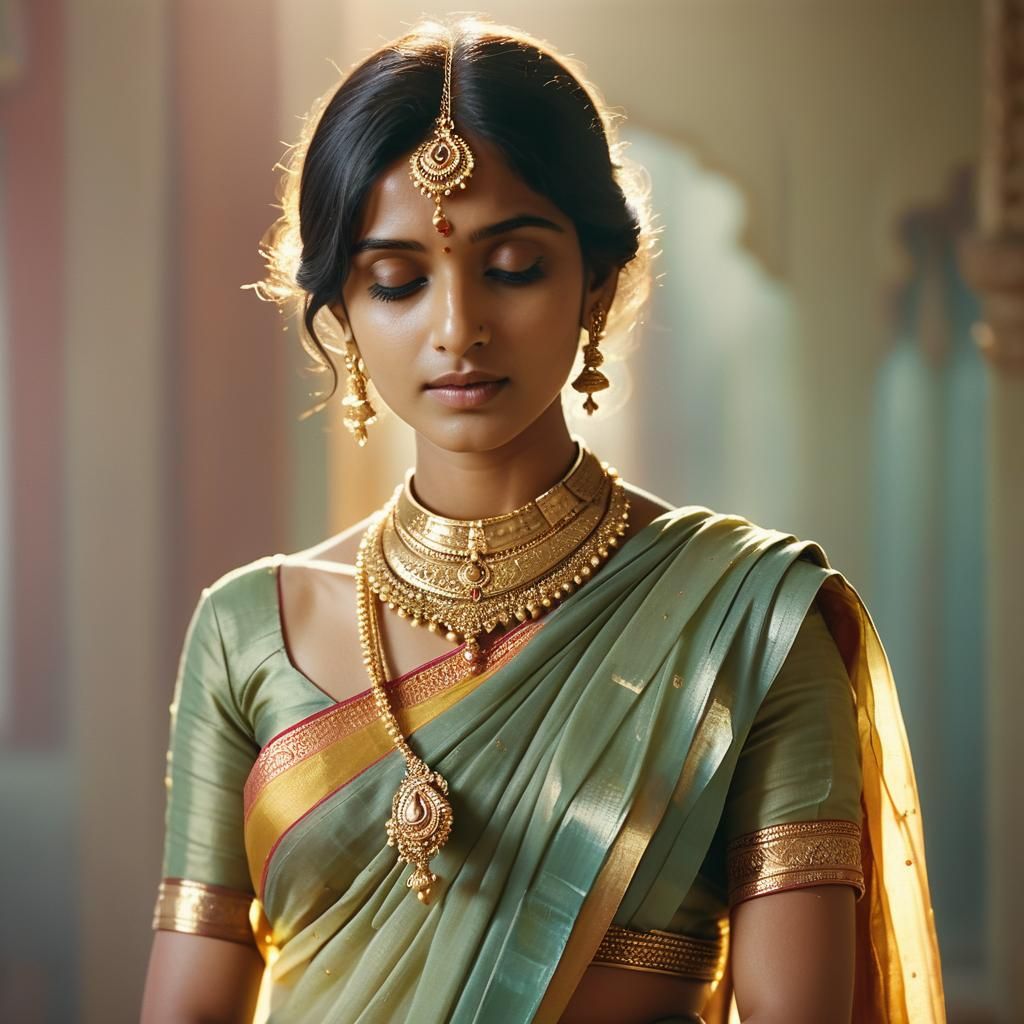 Serene Hindu Woman in Golden Light: Bollywood Style