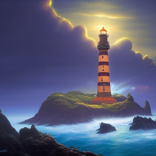 Island Lighthouse at Night, Detailed Fantasy Painting