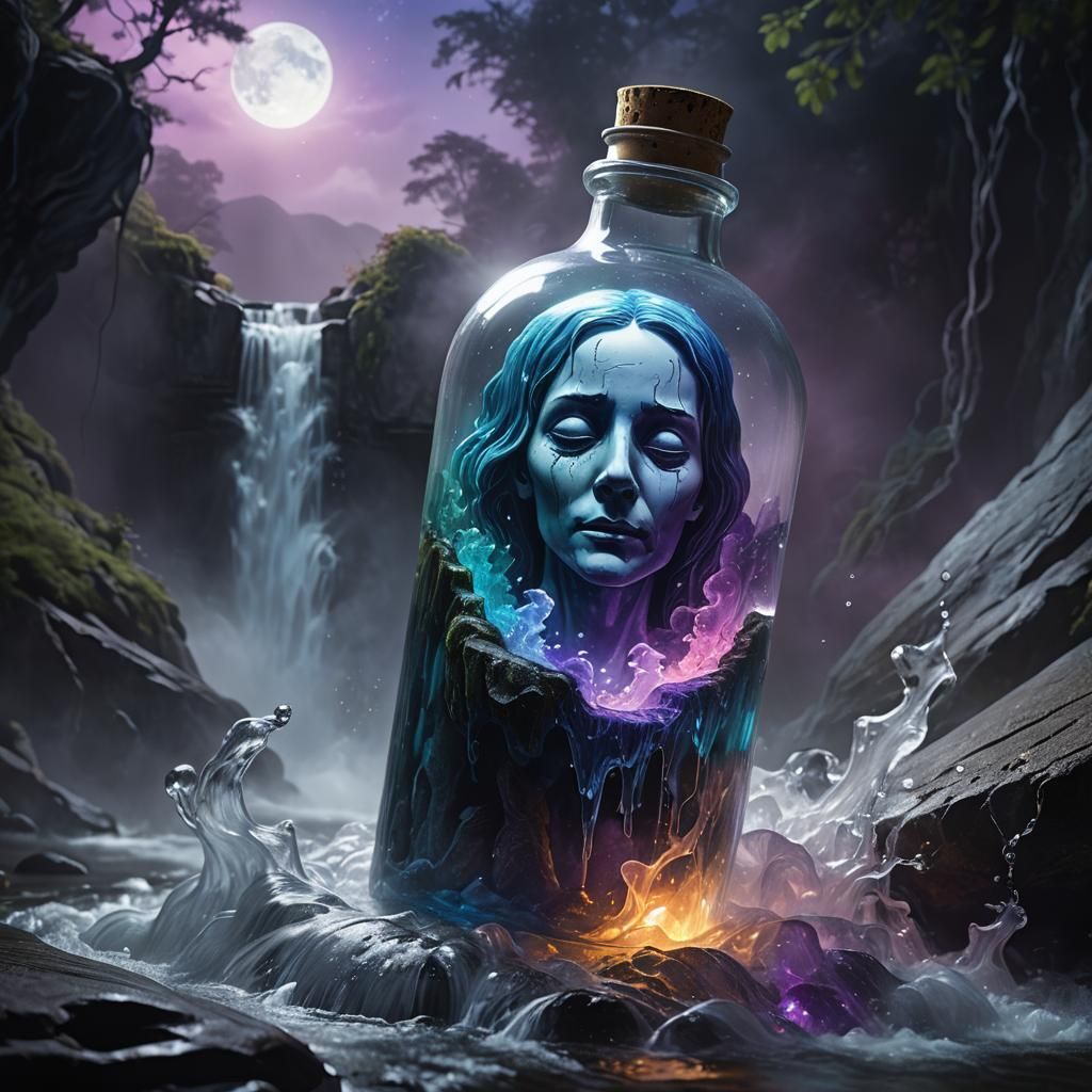 Ghostly Face in a Bottle Over Misty Waterfall
