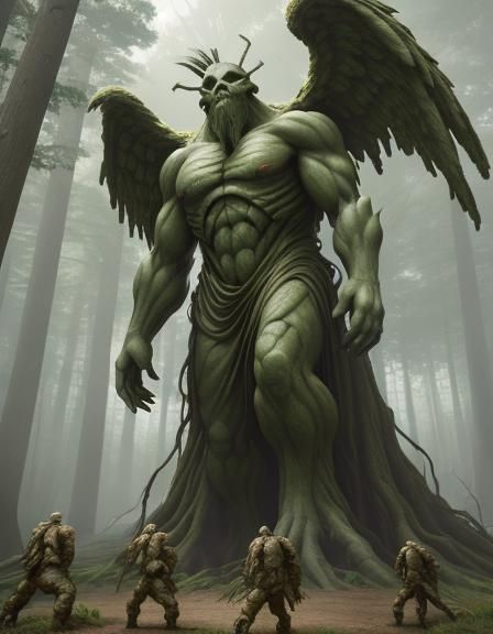 Giant trees spawning golems to attack the angels trying to c...