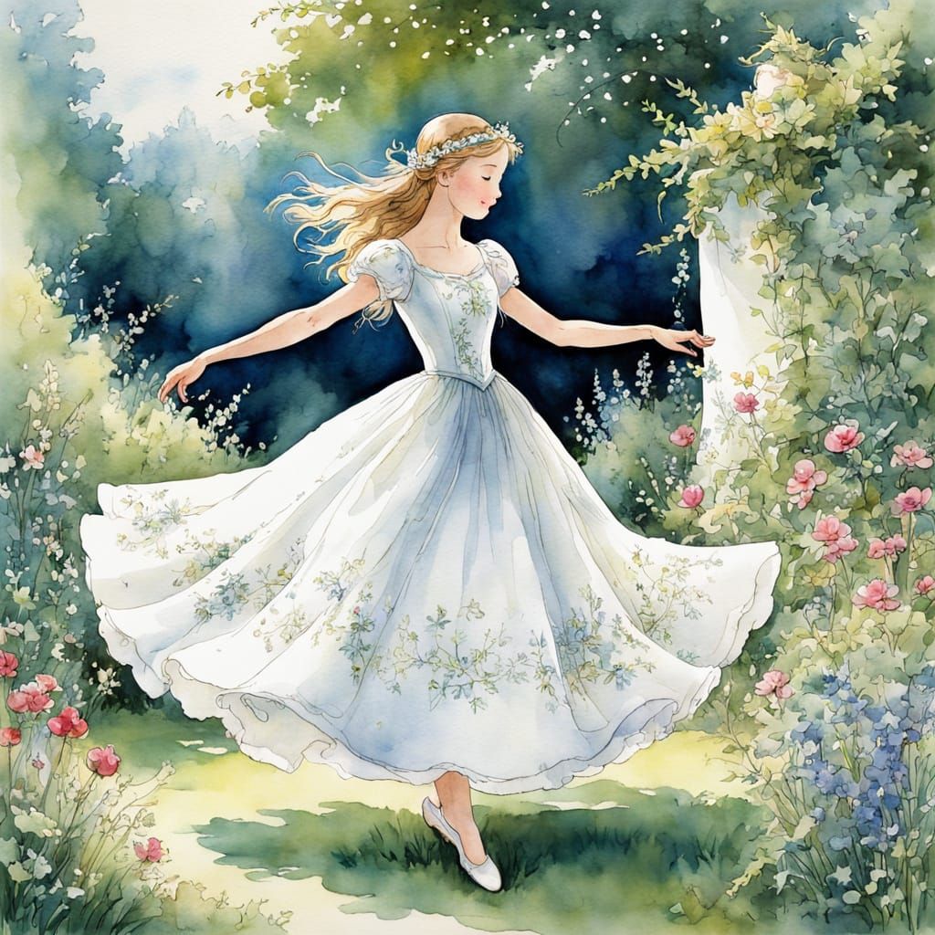 Fairytale Girl Dancing in Summer Garden Watercolor