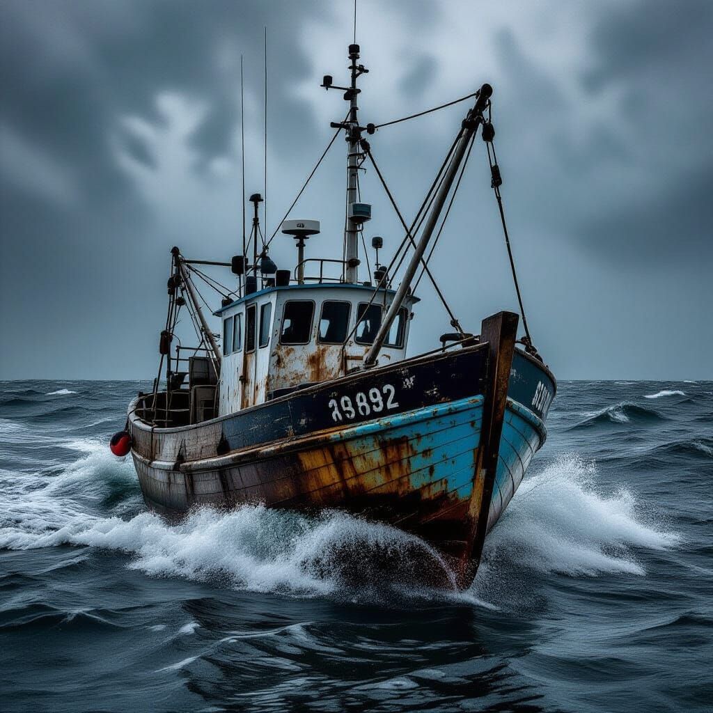 Weathered Fishing Boat Portrait in Stormy Sea