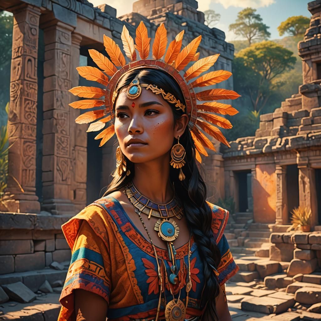 Nahuatl Girl in Mesoamerican Ruins: 3D Digital Art
