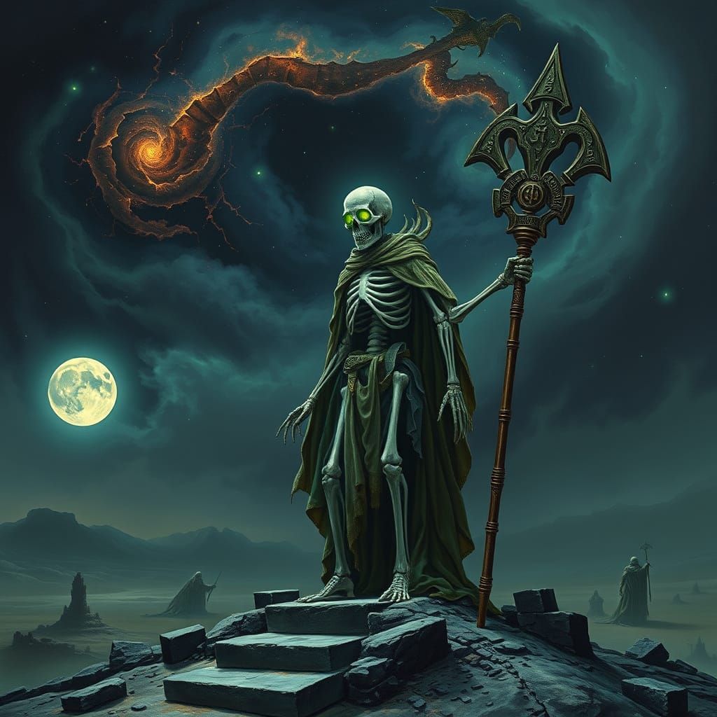 Ethereal Skeletal Figure on Ruined Ziggurat