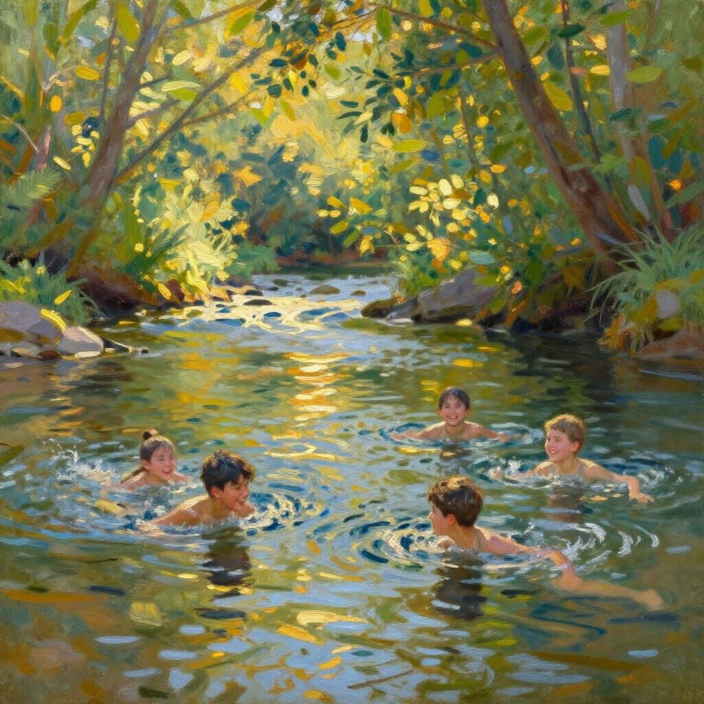 Joyful River Swim in Golden Hour Impressionistic Style
