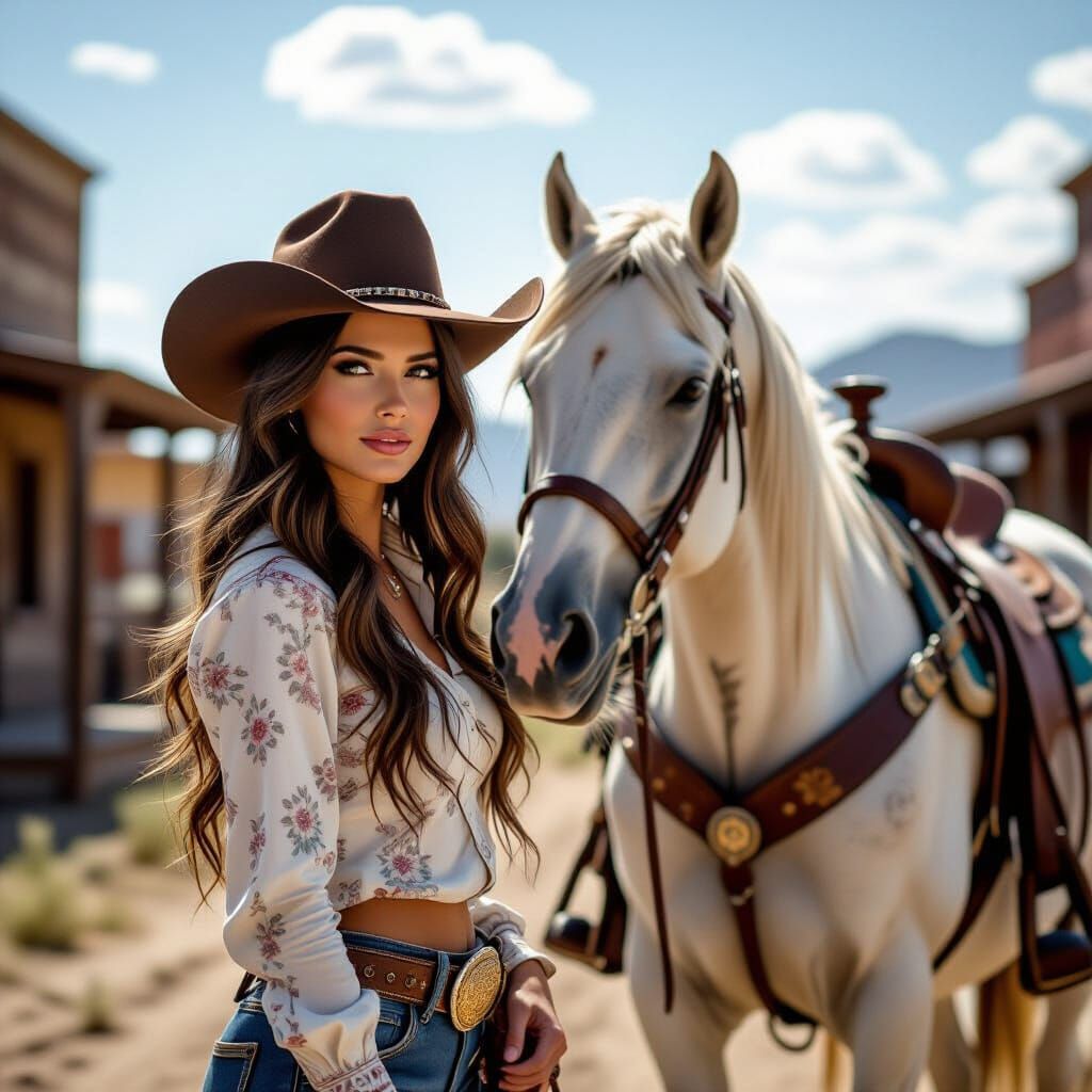 Western Lady on White Horse in Old Western Town