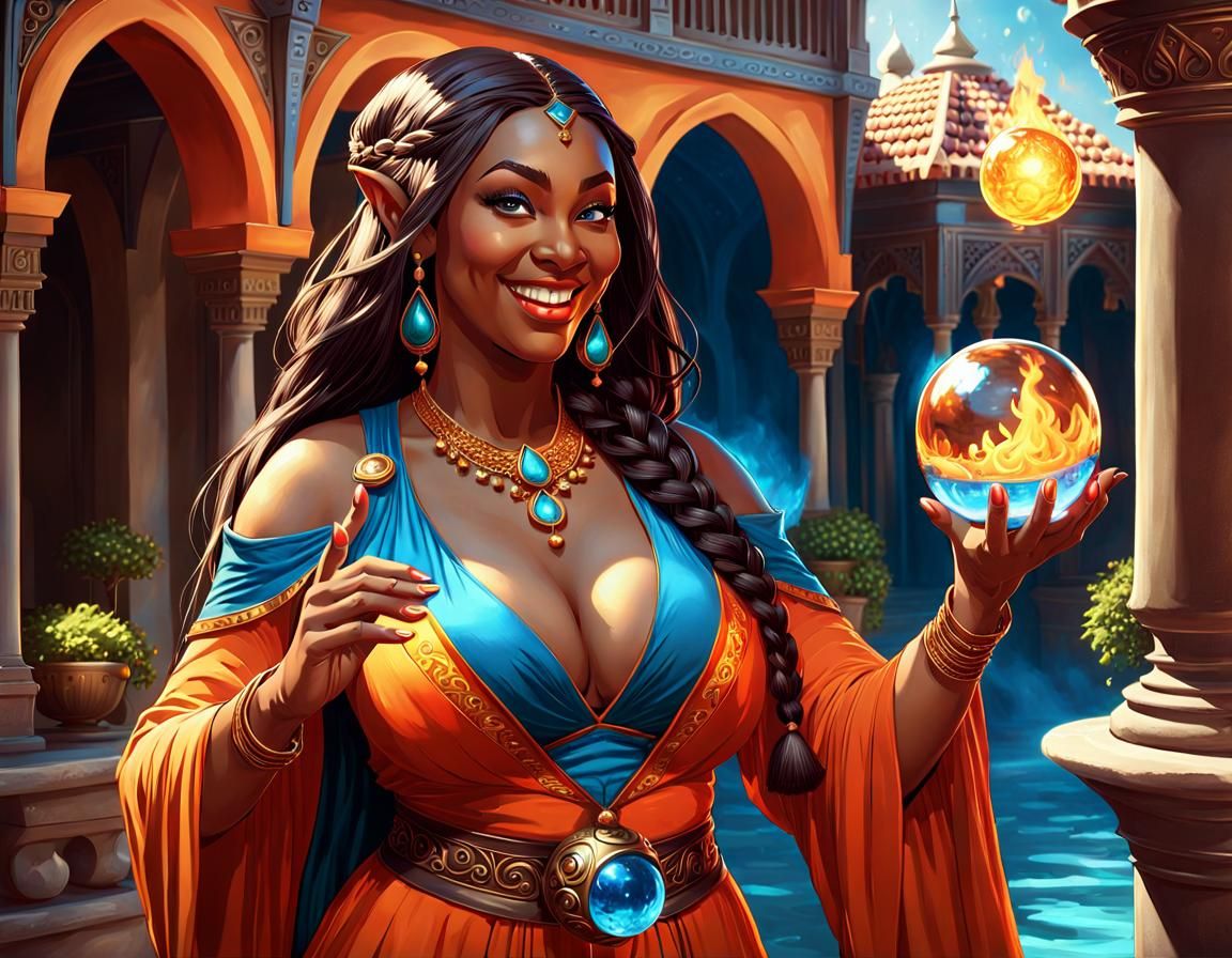 Plus-Sized Elf Mage with Fireball in Fantasy Art
