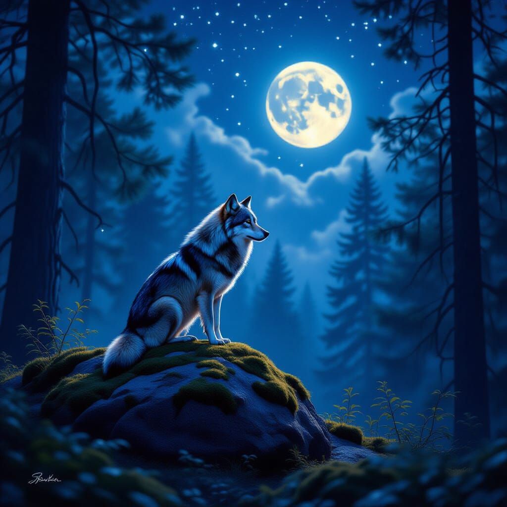 Hyperrealistic Wolf Under Full Moon in Forest