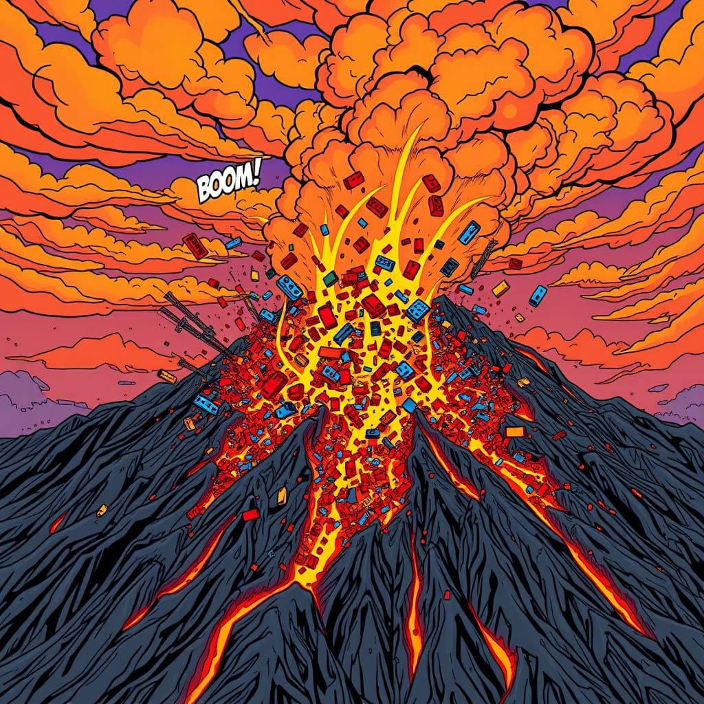 LEGO Volcano Eruption in Comic Book Style