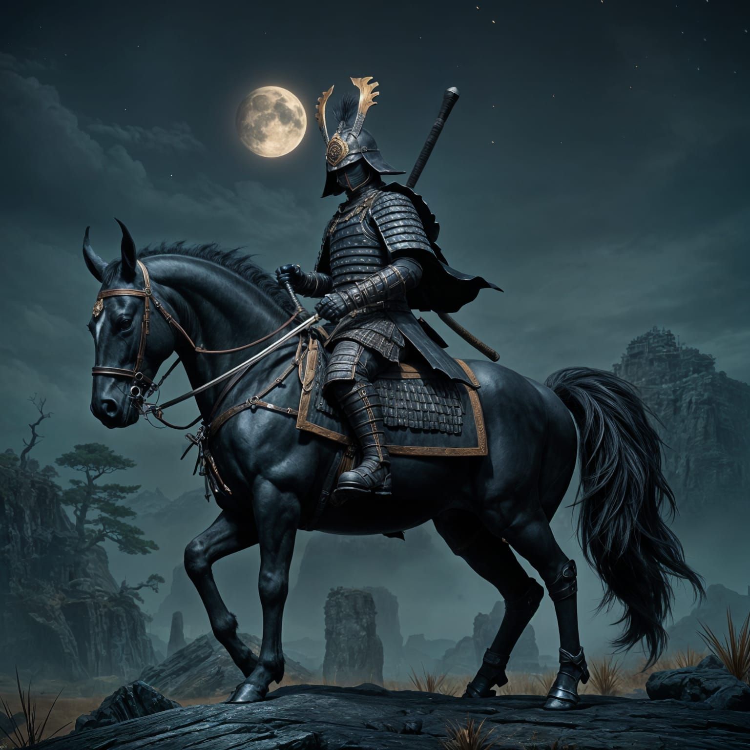 Fantastical Samurai on Black Horse in Dark Armor