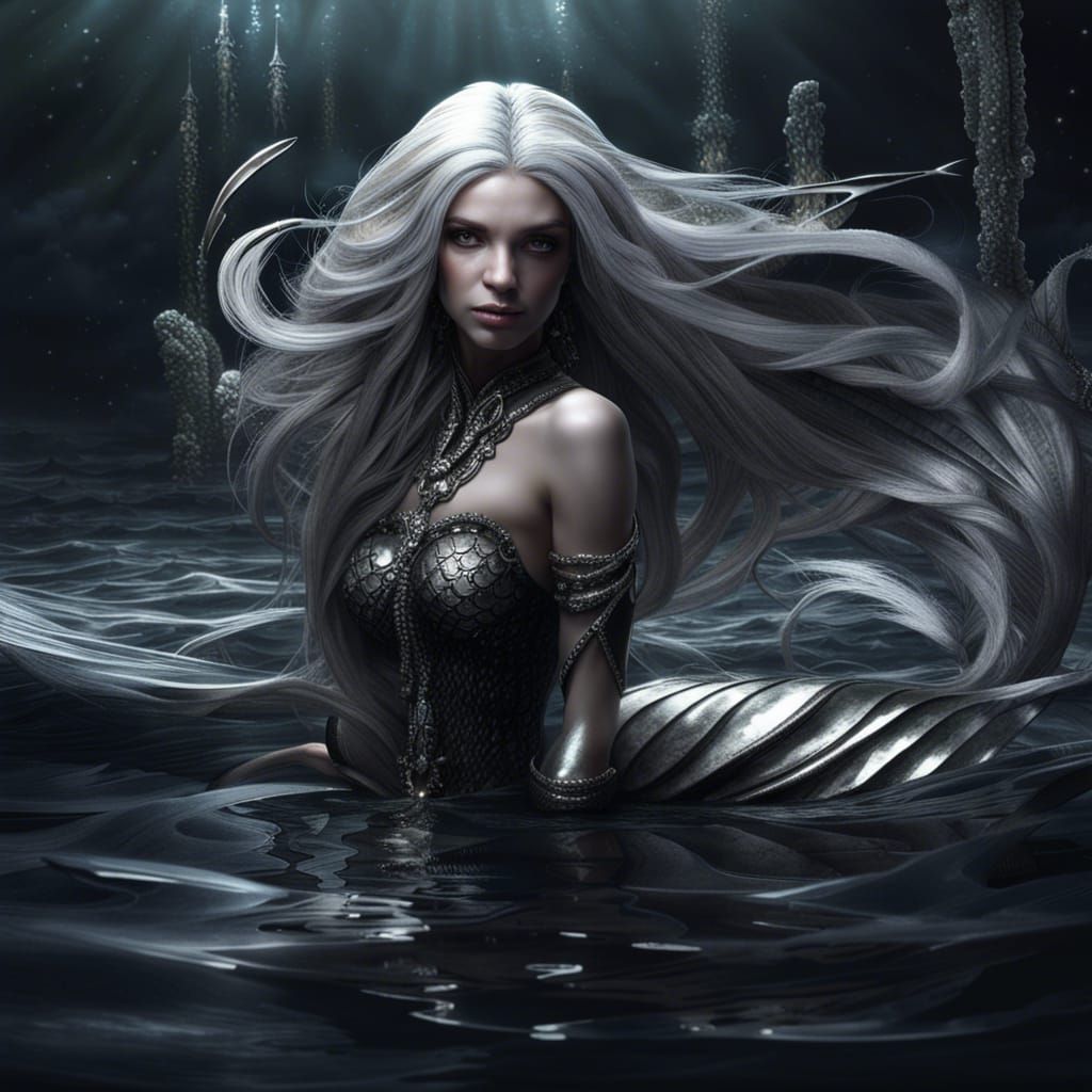 Silver Mermaid in Black Ocean, Dark Fantasy Art