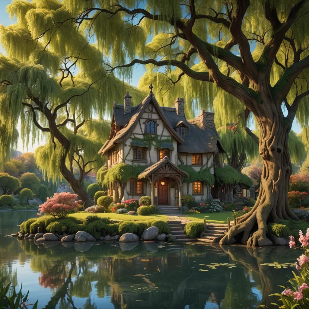 Whimsical Cottage by Serene Lake: Fantasy Concept Art