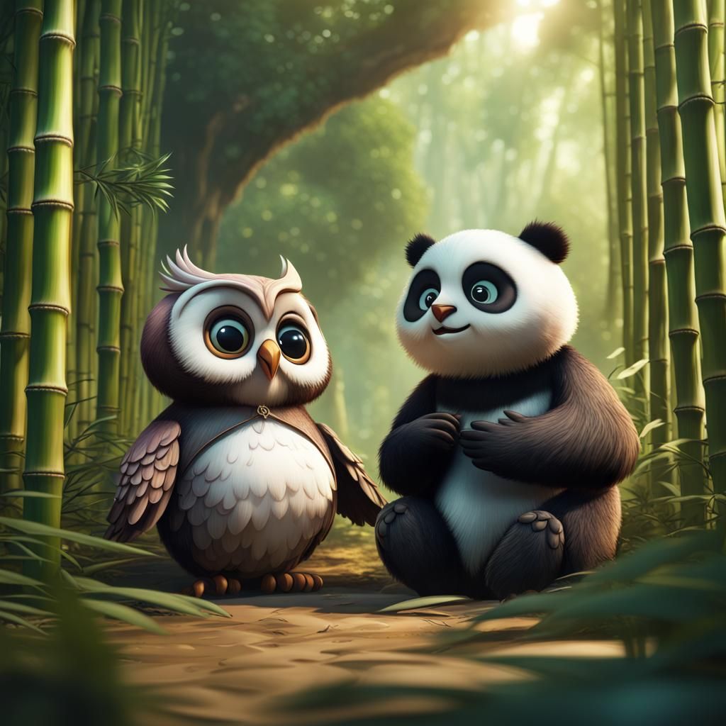 Panda and Owl Play in Bamboo Forest: Digital Art