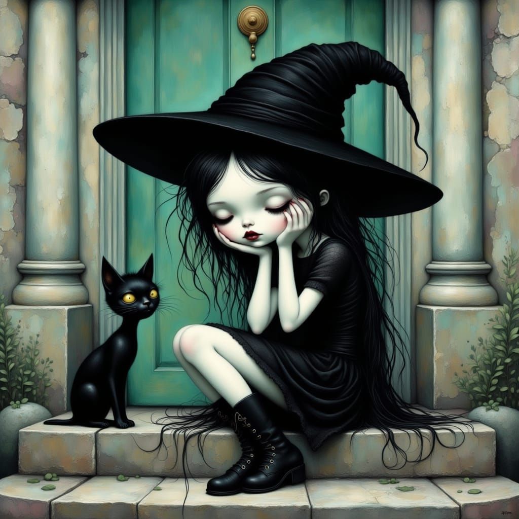 Melancholic Witch with Cat in Illustrative Style