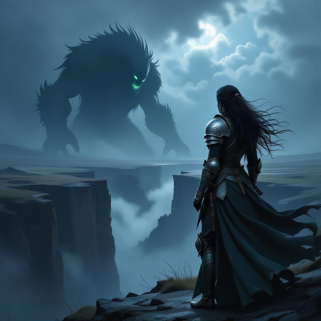 Battle-Scarred Knight Overlooks Desolate Chasm