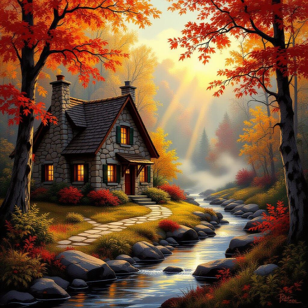 Cozy Autumn Cottage in Fiery Landscape