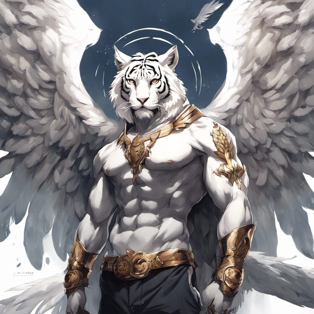 Anthropomorphic Tiger-Man with Angel Wings in Anime Style