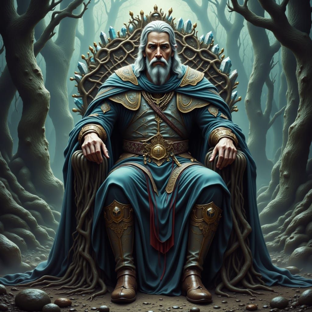 Regal King on Crystal Root Throne in Dark Fantasy Forest