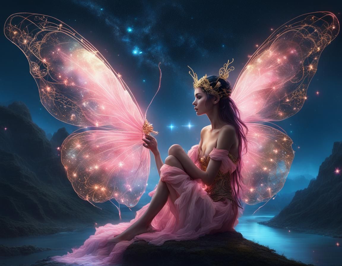 Glowing Fairy with Butterfly Wings Under Nebula Sky