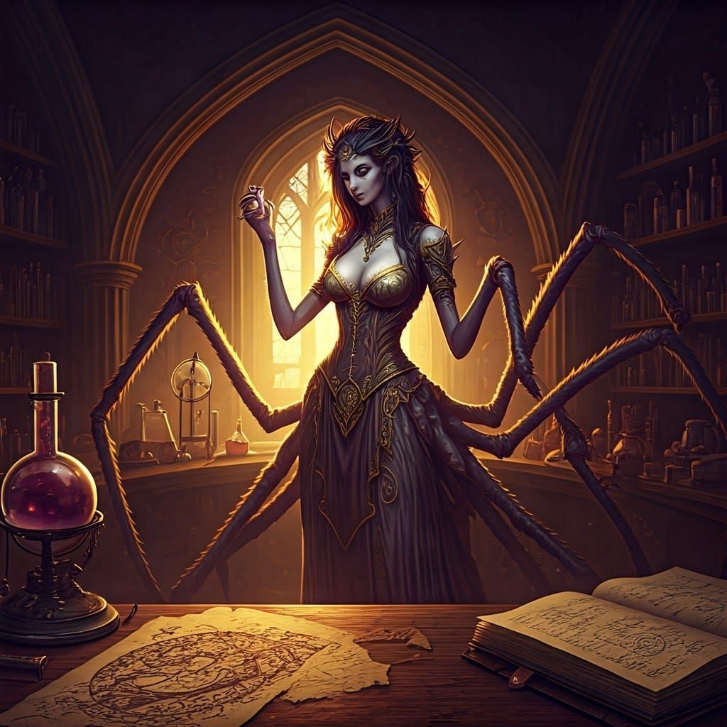 Spider Alchemist's Dark Fantasy Laboratory in Art Nouveau St...