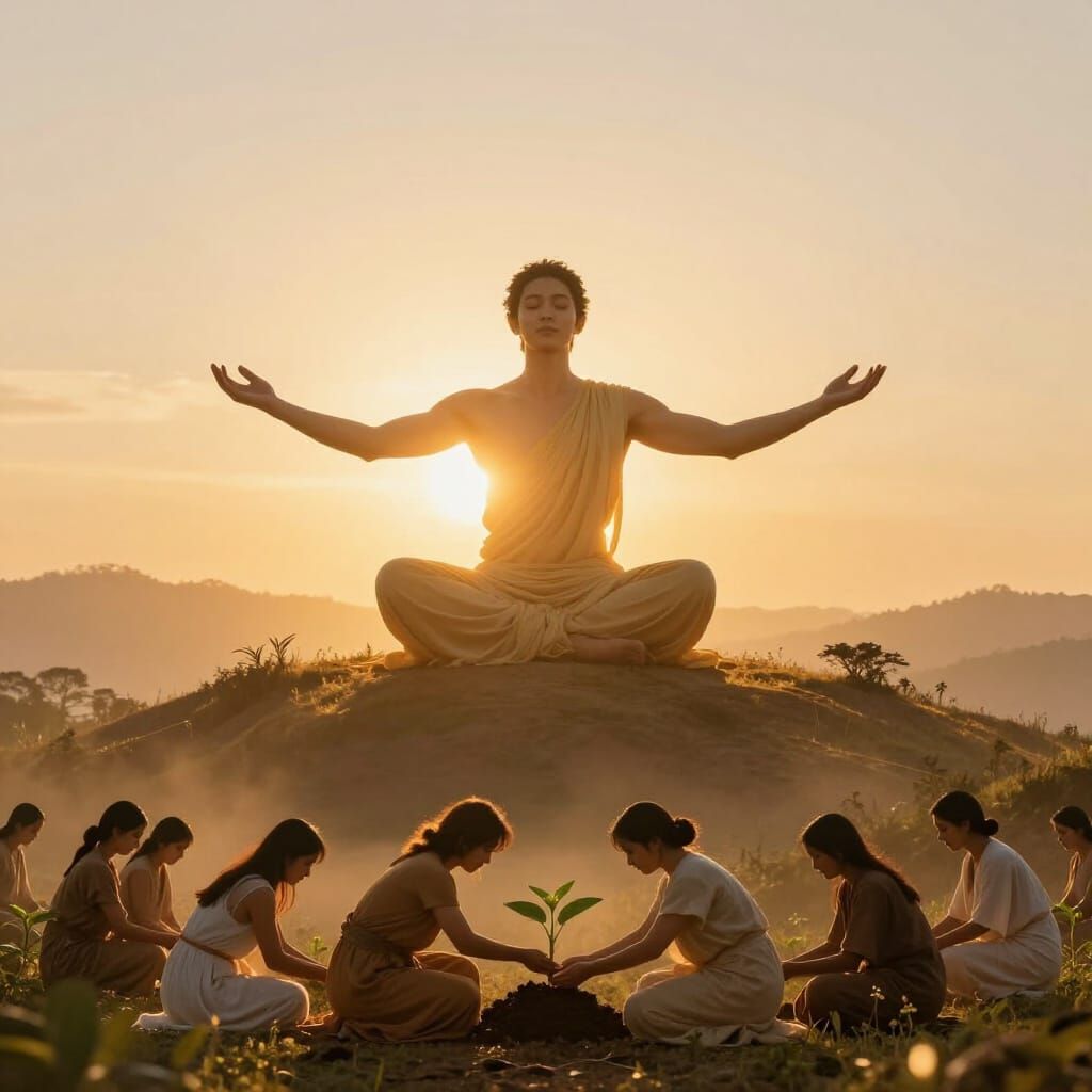 Figure on Hilltop at Sunrise with Gratitude and Golden Light