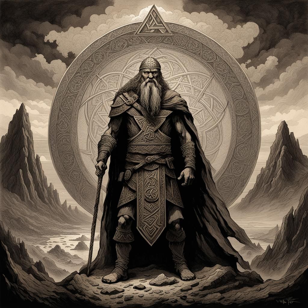 Odin, the Strong Viking God in Ink Drawing Style