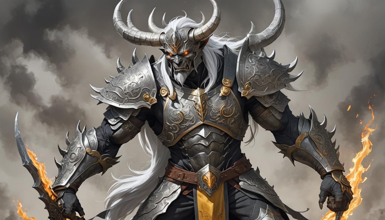 Muscular Gray Demon with Glowing Eyes and Armor