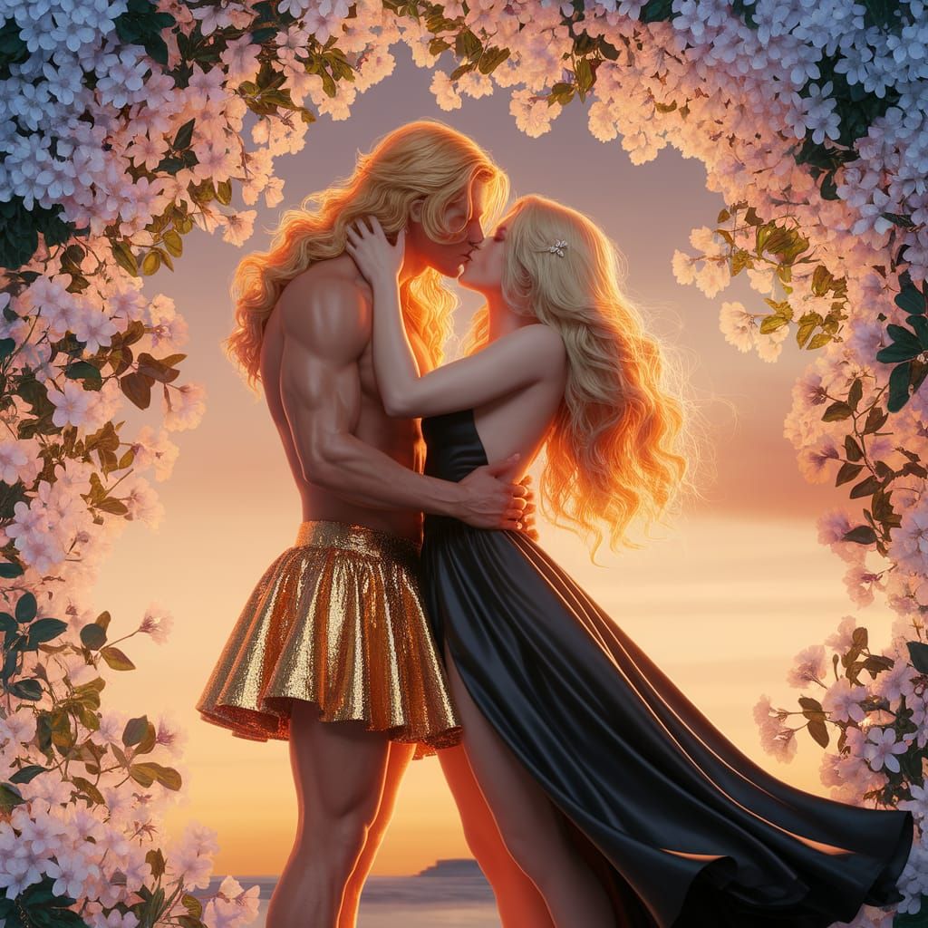 Romantic Scene of Fiery Man and Blonde Woman Under Blossomin...