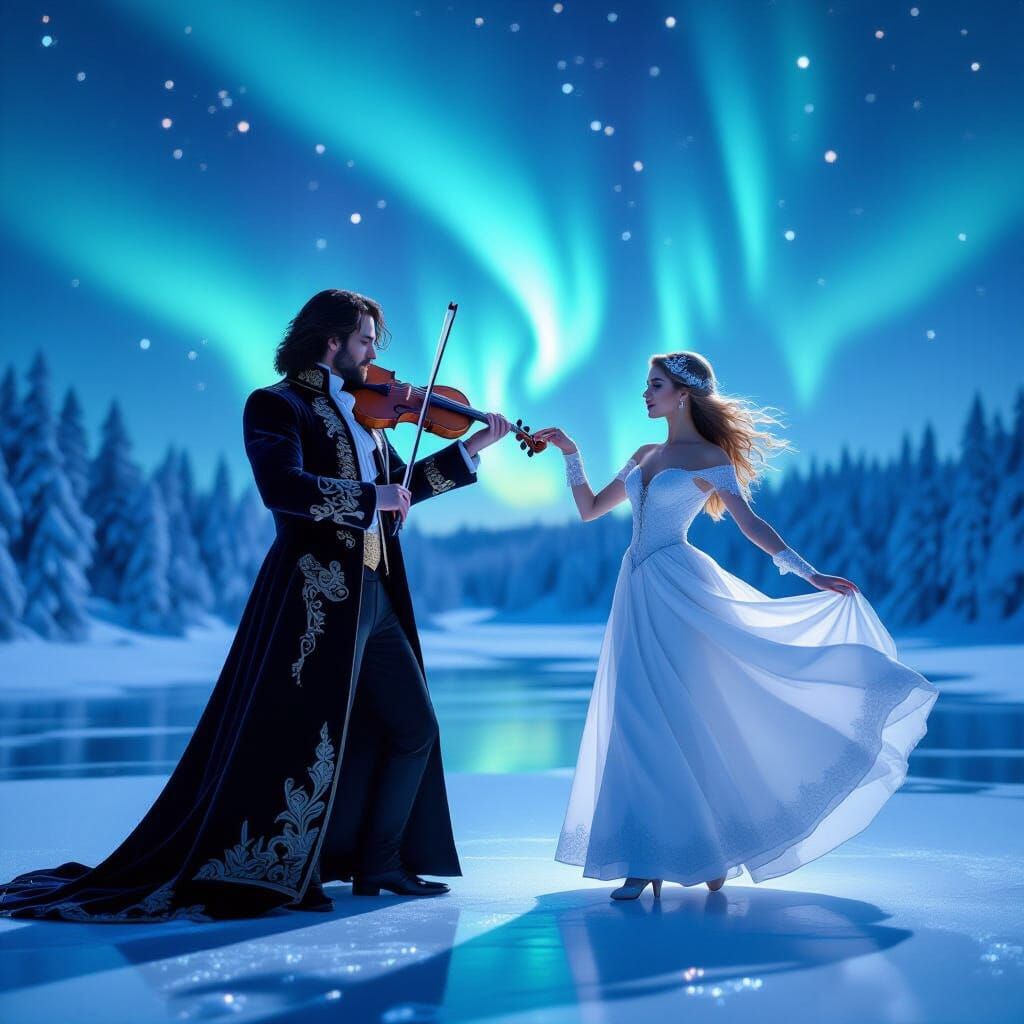 Ethereal Violinist and Ballerina Dance on Frozen Lake