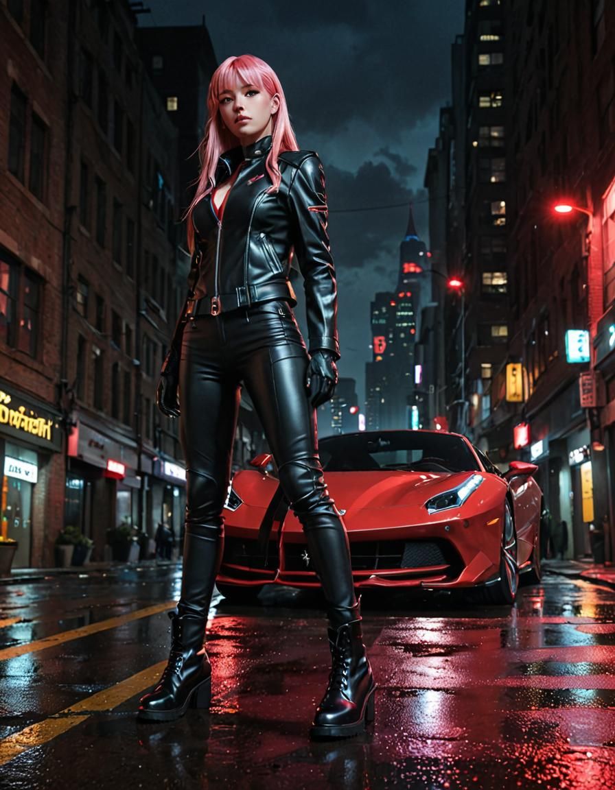 Zero Two in Dramatic Gotham City Nighttime Scene