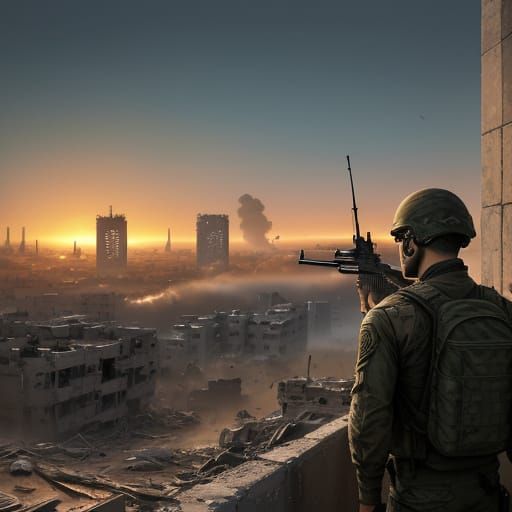 M16 Rifle Over Gaza Cityscape at Sunset