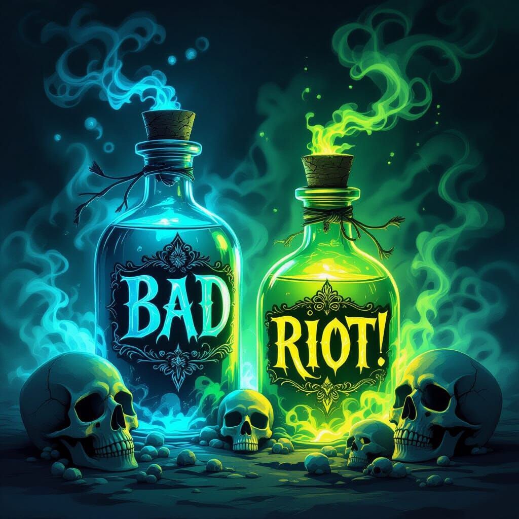 Glowing Potion Bottles with Skulls and Mystical Smoke