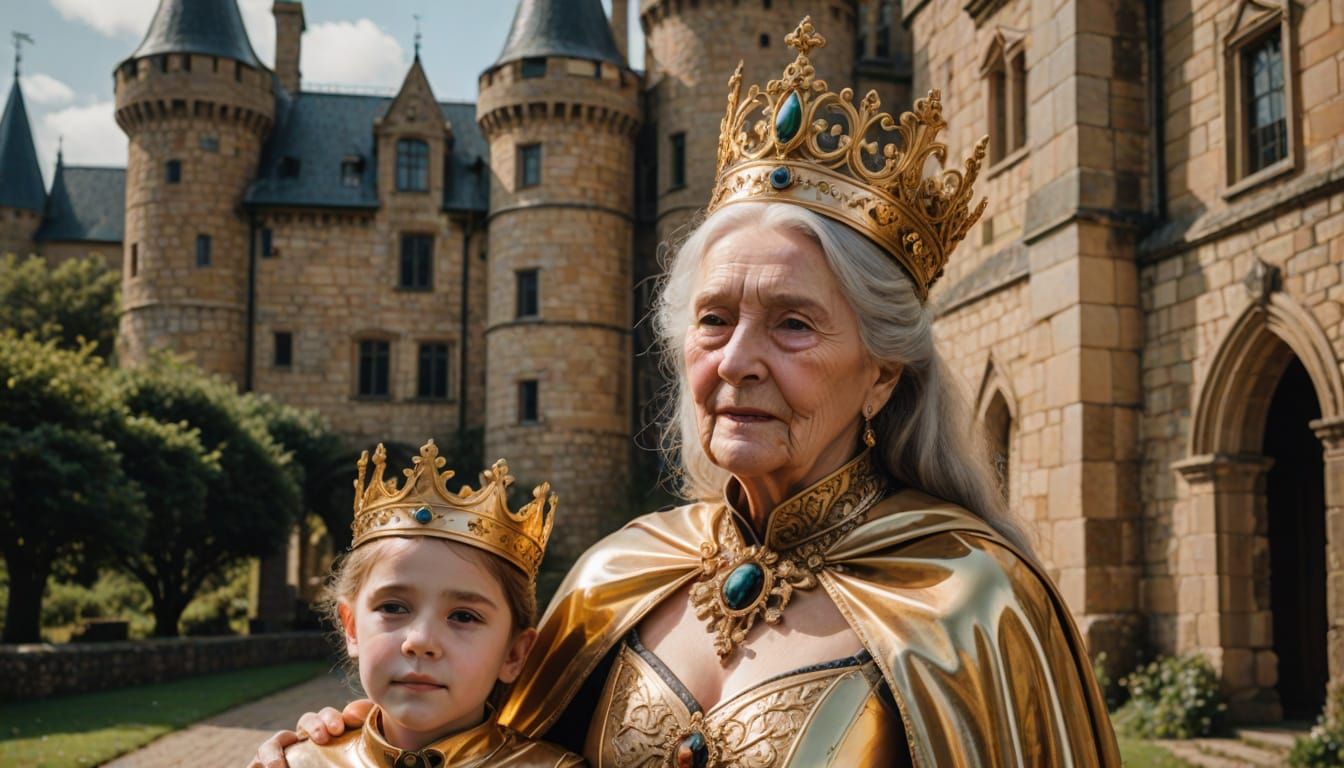 Girl in Golden Victorian Attire Hugs Grandmother on Castle R...