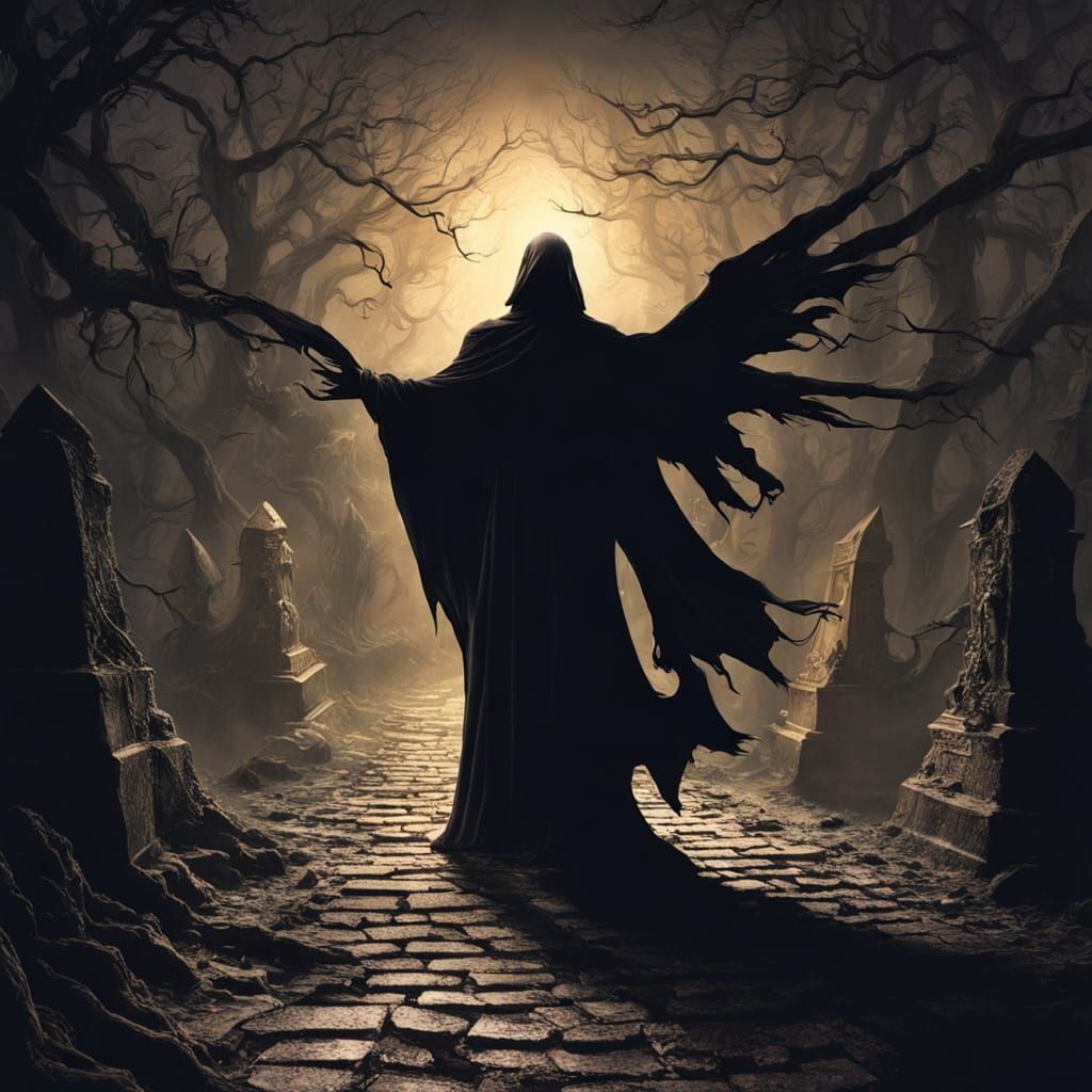 Mysterious Winged Guardian in Dark Fantasy Landscape