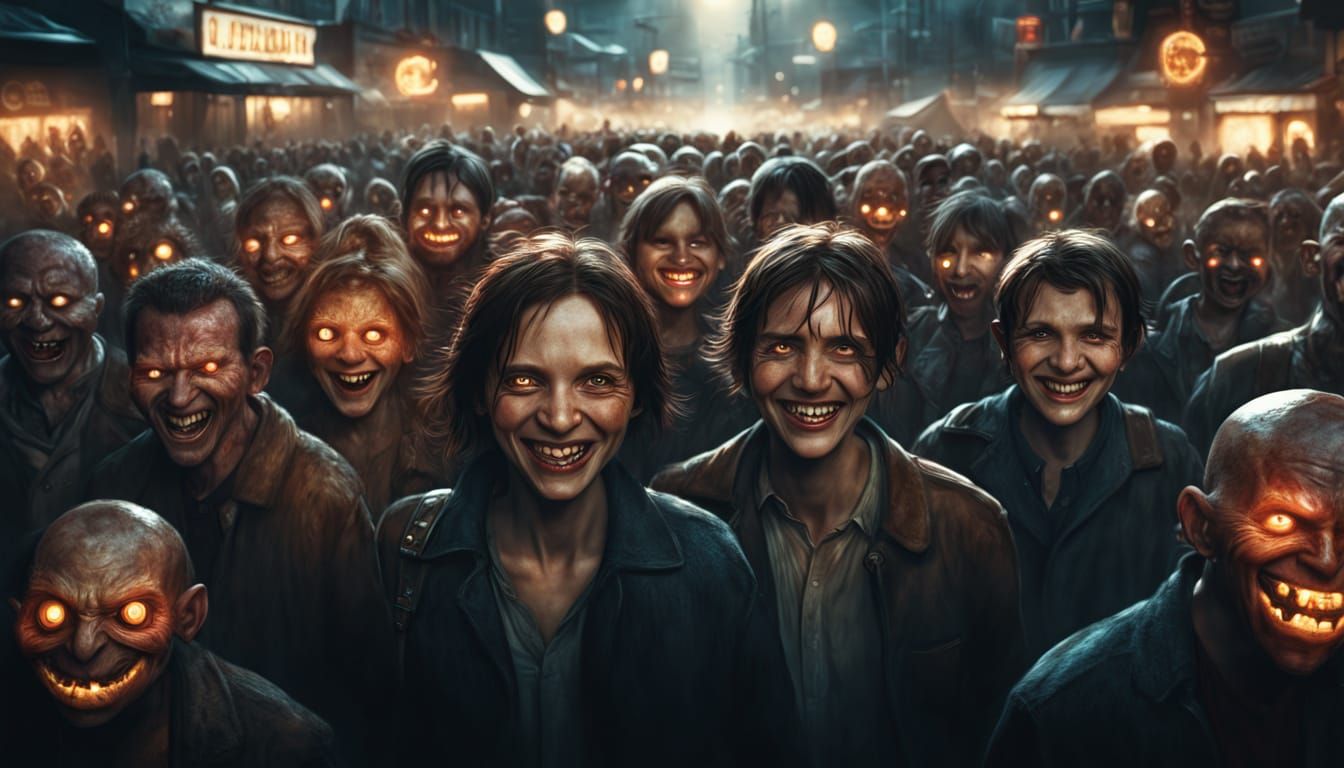 Creepy Smiling Crowd in Hyper-Realistic Digital Art