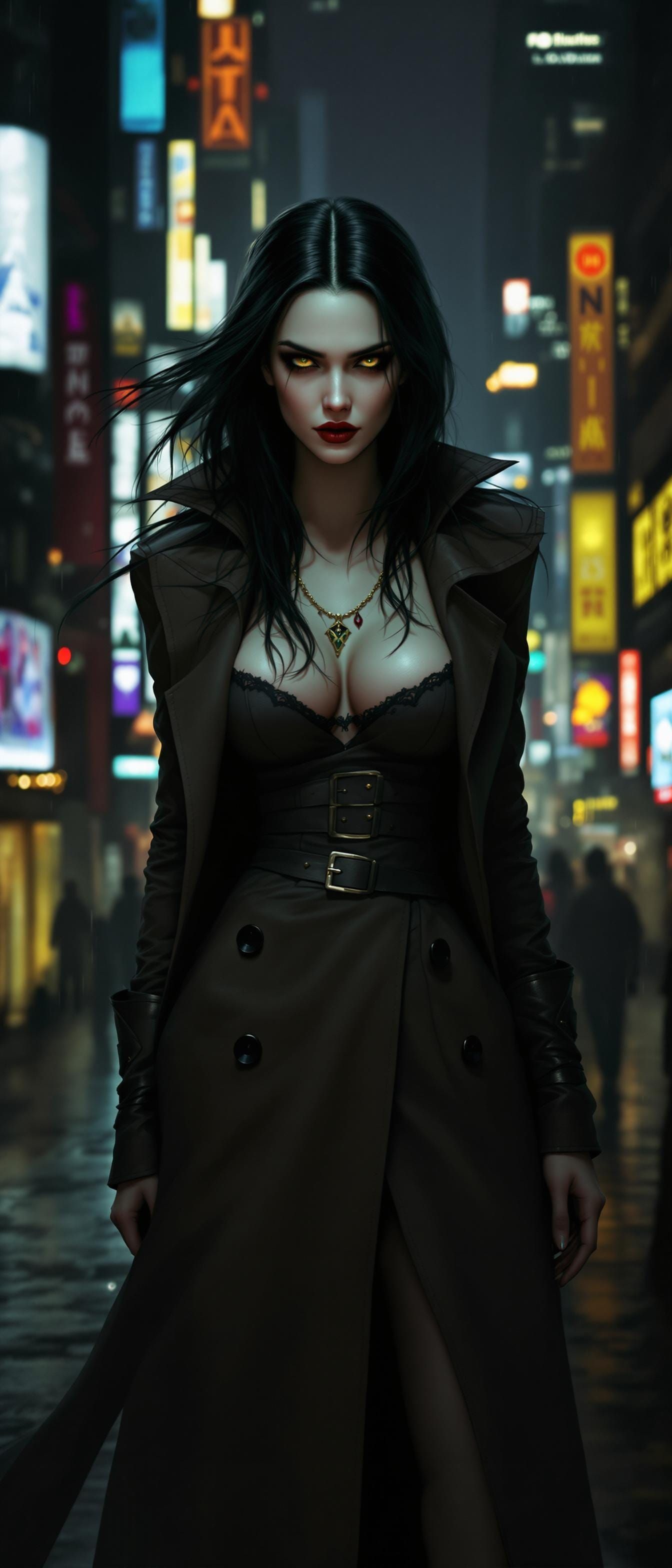 Vampire Woman in Noir Cityscape with Dramatic Lighting