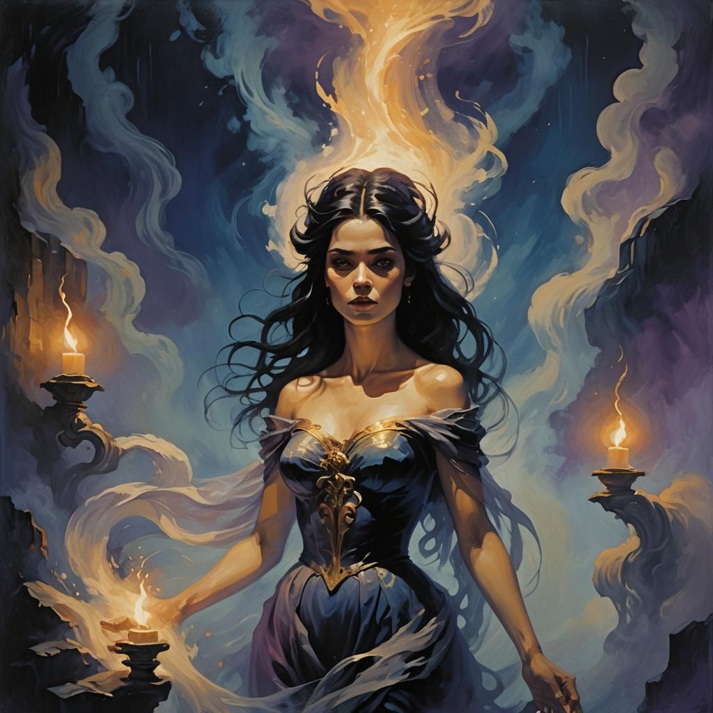 A mystical and whimsical illustration of a bewitching female...