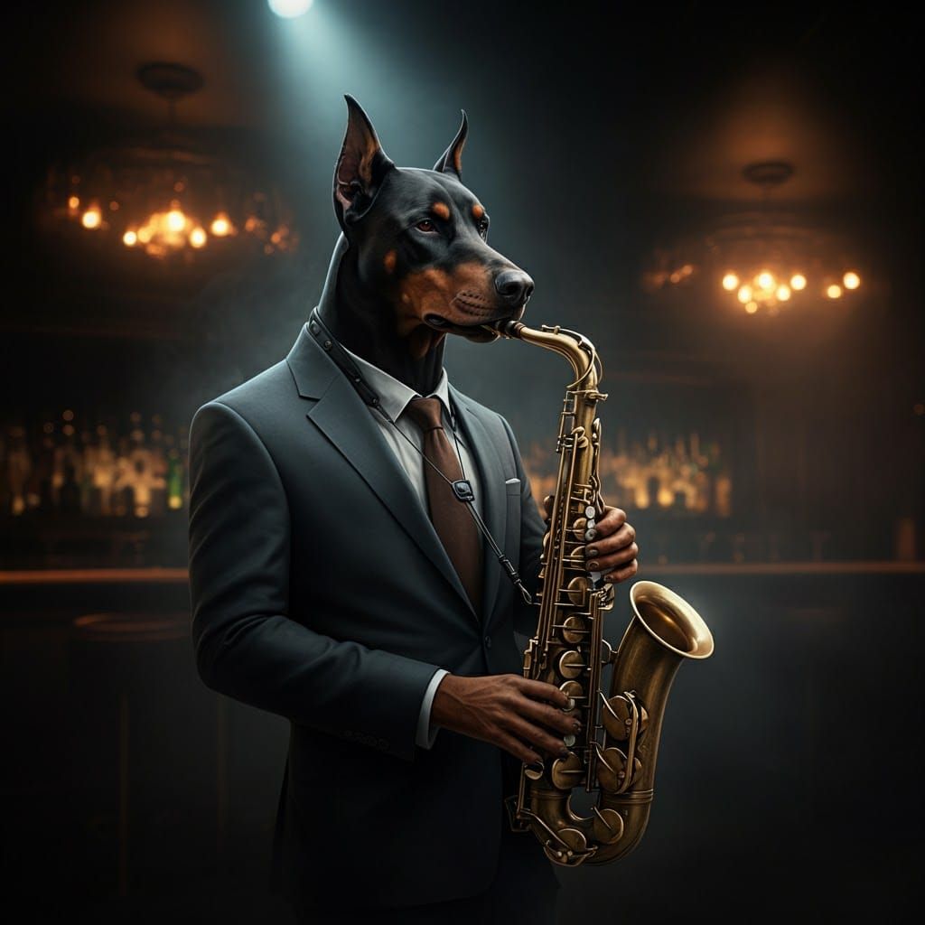 Doberman Saxophonist in Club, Dutch Angle Close-Up