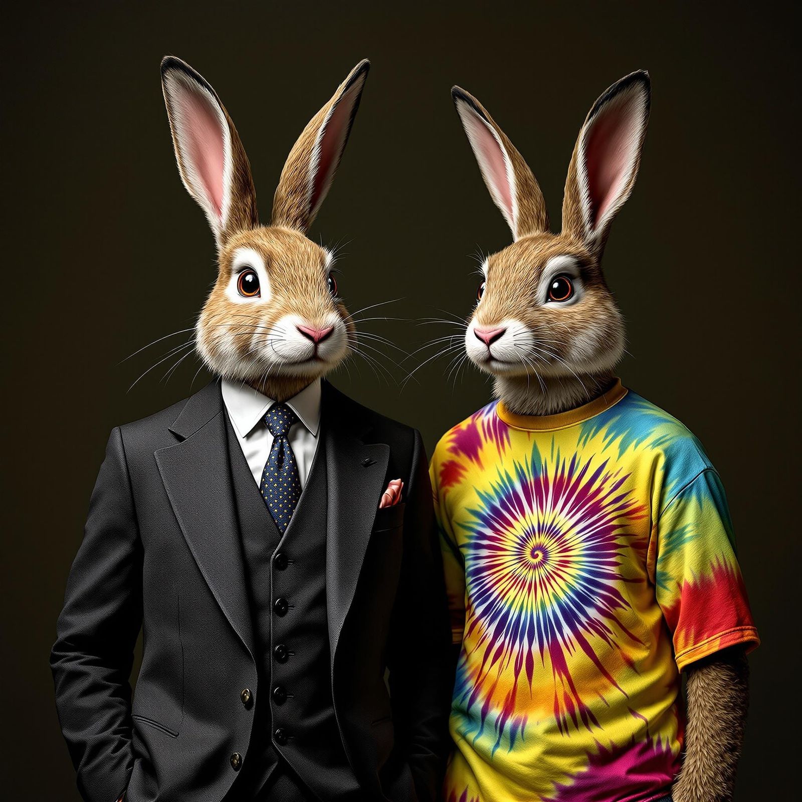 Contrasting Rabbit Twins in Formal and Hippie Styles