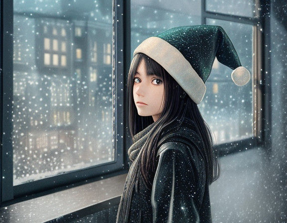 Melancholic Christmas Girl Embracing Rainy Winter Wonder